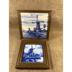 Vintage Delft Blue Framed Windmill Tiles Pair 5.5" sq and 6.5" sq framed